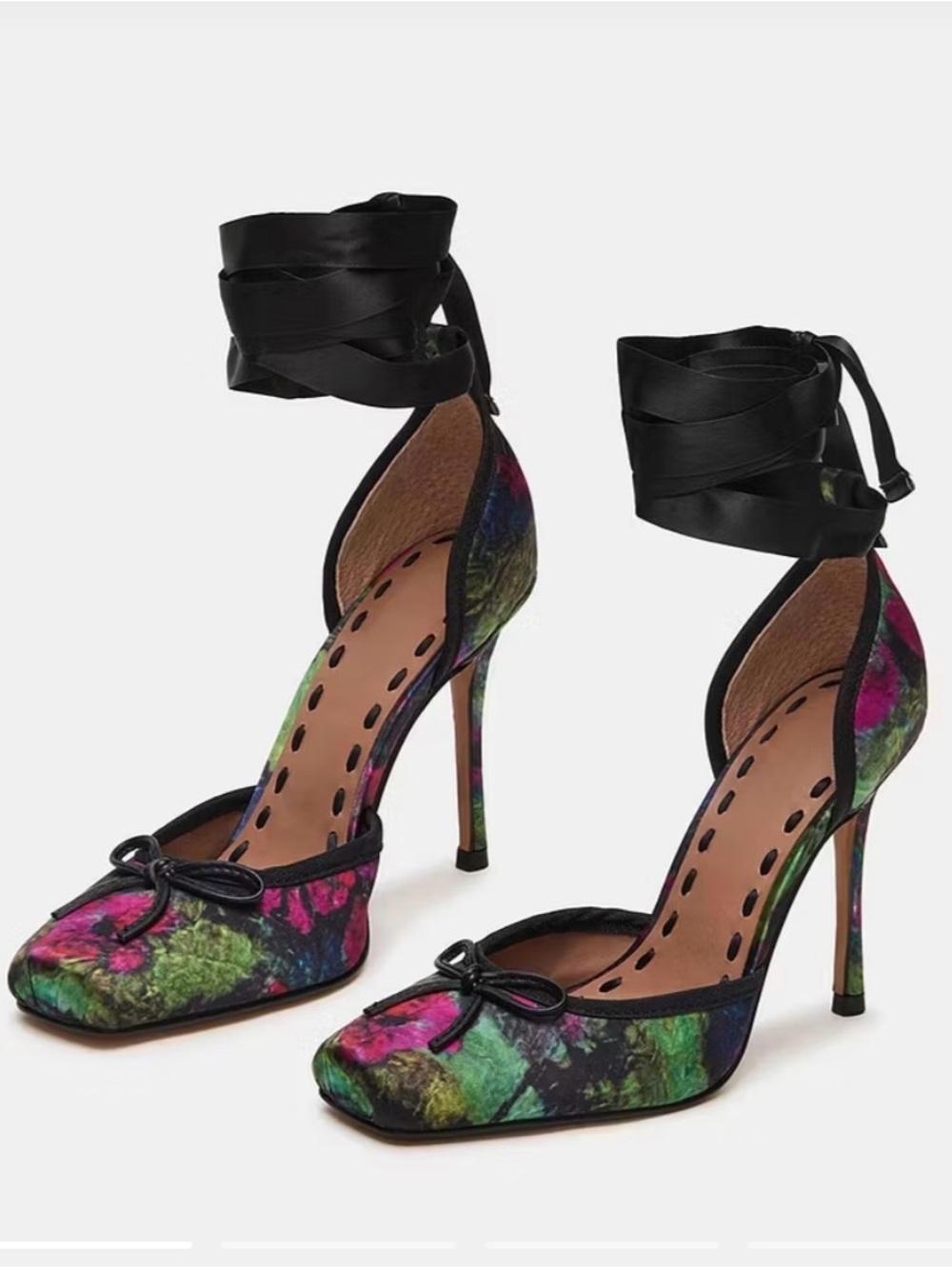 New Steve Madden Larina Heels - Floral Satin Ankle-Tie - Black/Multicolor